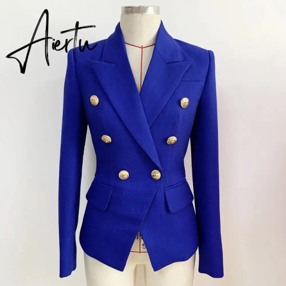 High Street Newest  Runway Designer Blazer Women's Classic Lion Buttons Double Breasted Slim Fitting Textured Blazer Jacket