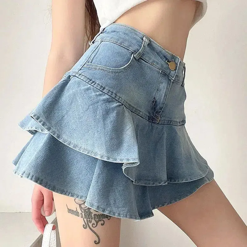 Layered Ruffled Denim Mini Skirt