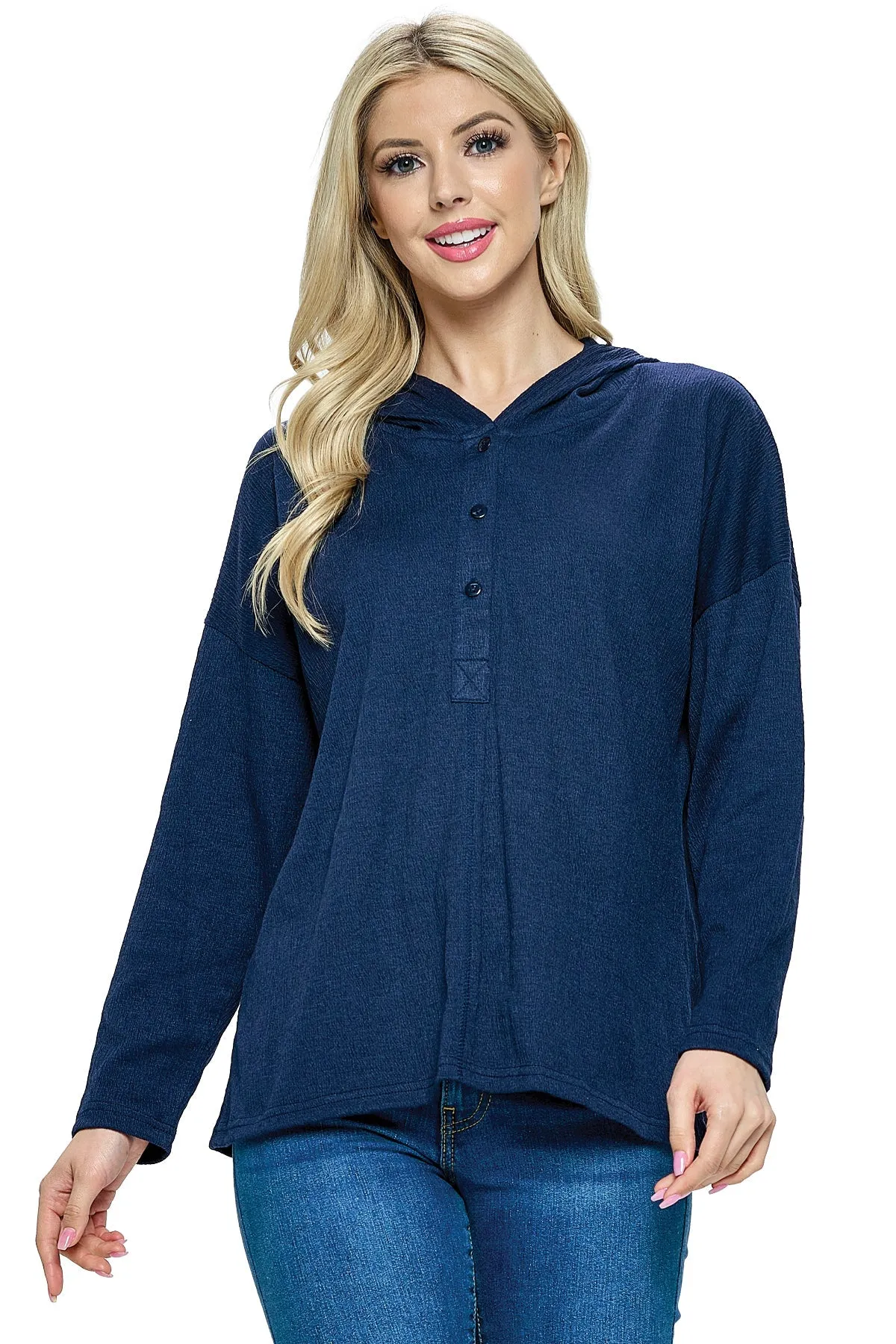 Navy Pullover Top Hoodie Textured Loose Fit