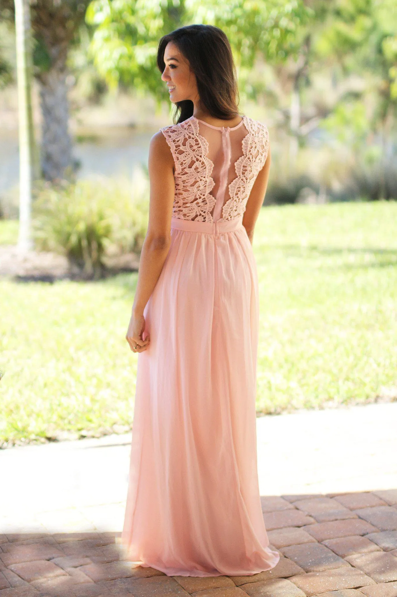 Pink Crochet Maxi Dress with Tulle Back