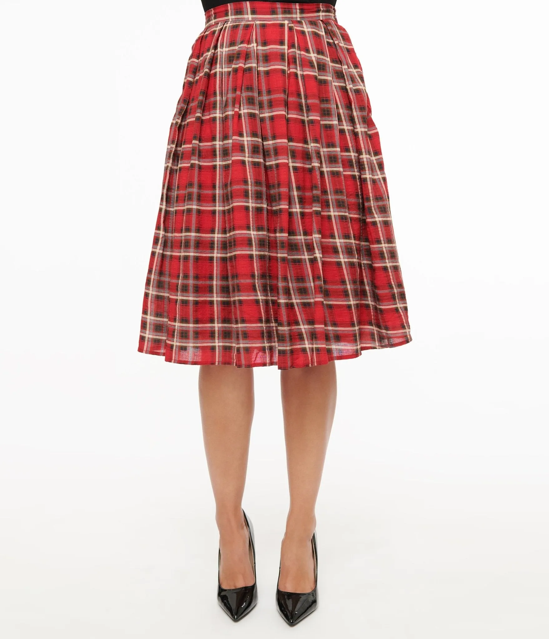 Red Plaid Fit & Flare Cotton Skirt