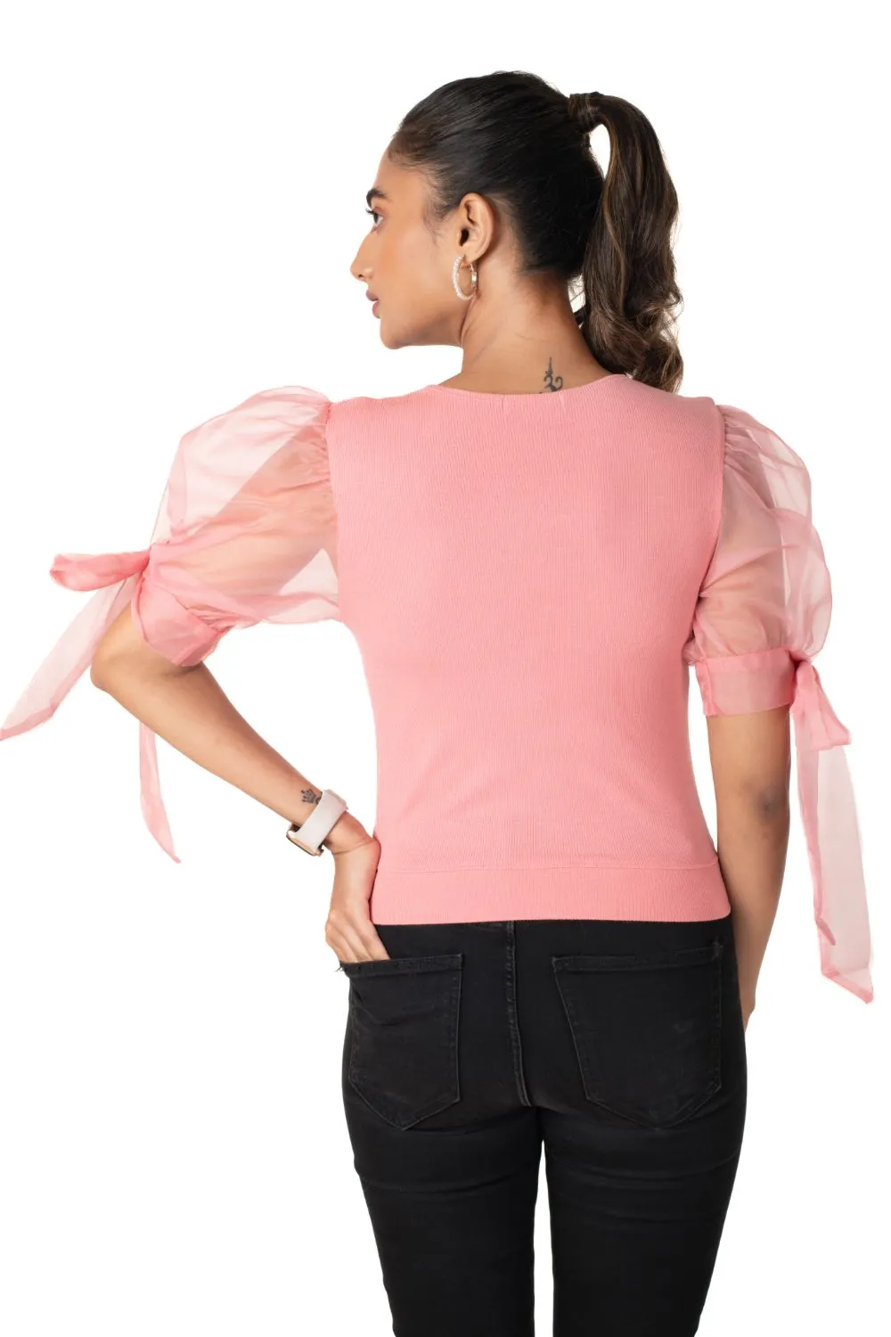 Round neck Blouses with Bow Tied-up Sleeves- Plus Size