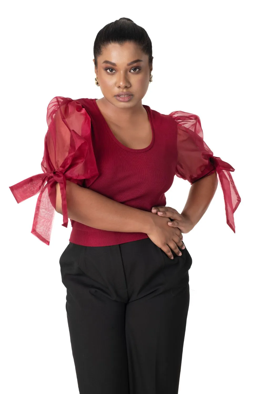 Round neck Blouses with Bow Tied-up Sleeves- Plus Size