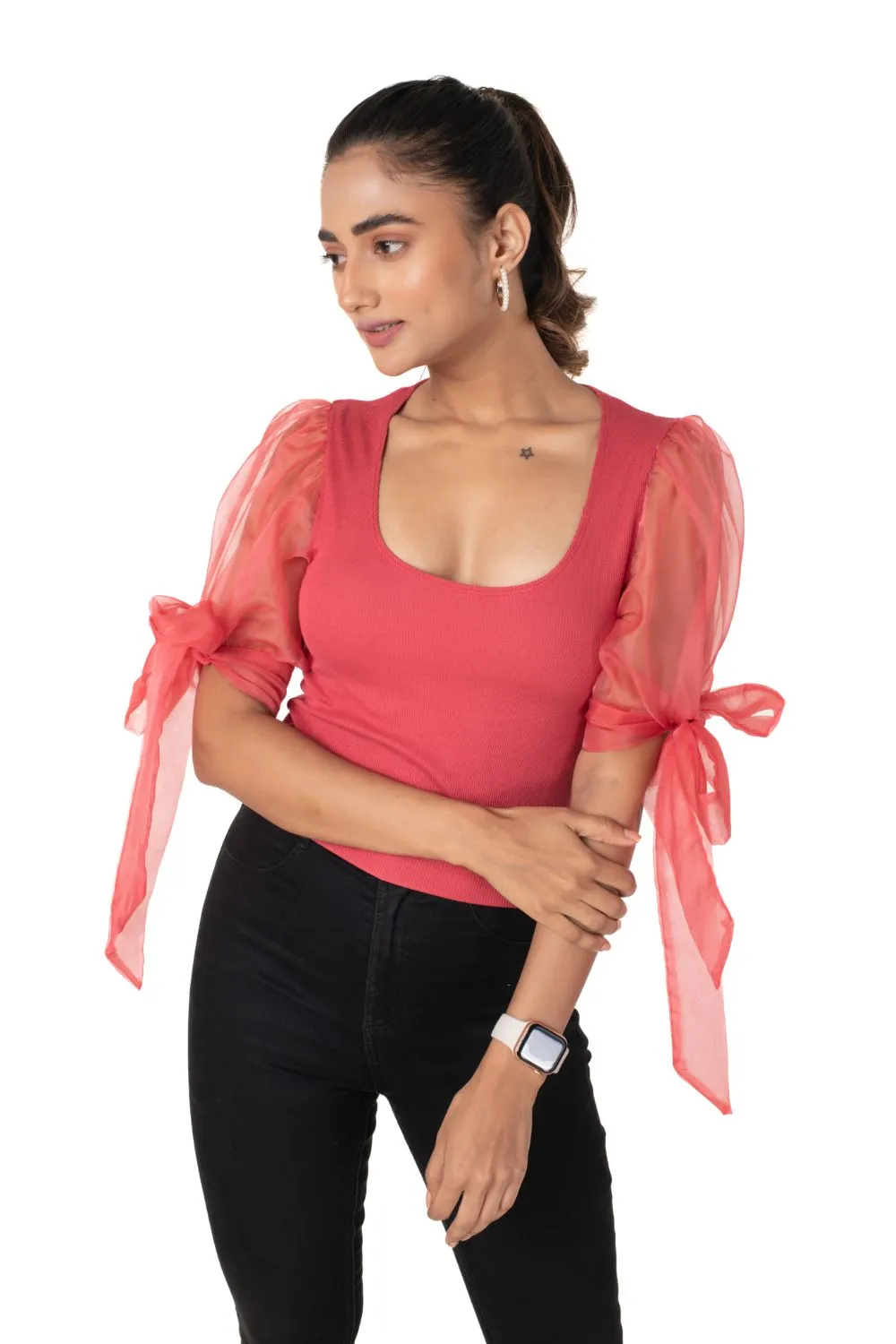 Round neck Blouses with Bow Tied-up Sleeves- Plus Size