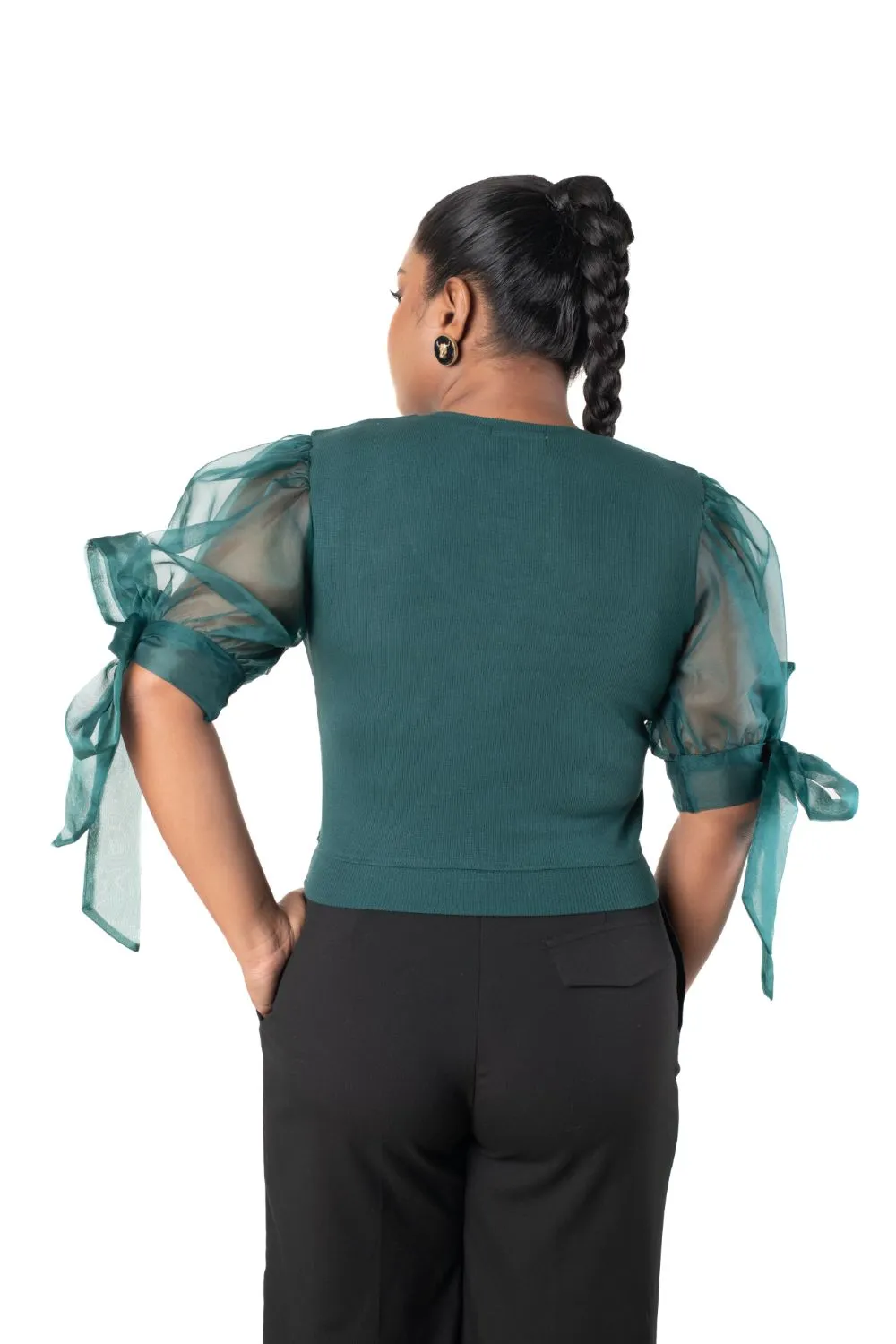 Round neck Blouses with Bow Tied-up Sleeves- Plus Size