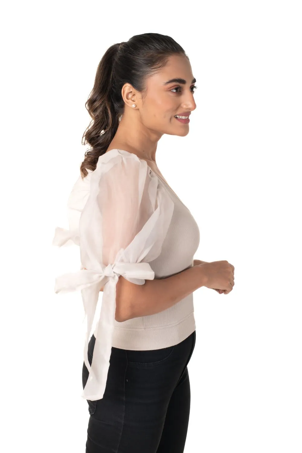 Round neck Blouses with Bow Tied-up Sleeves- Plus Size