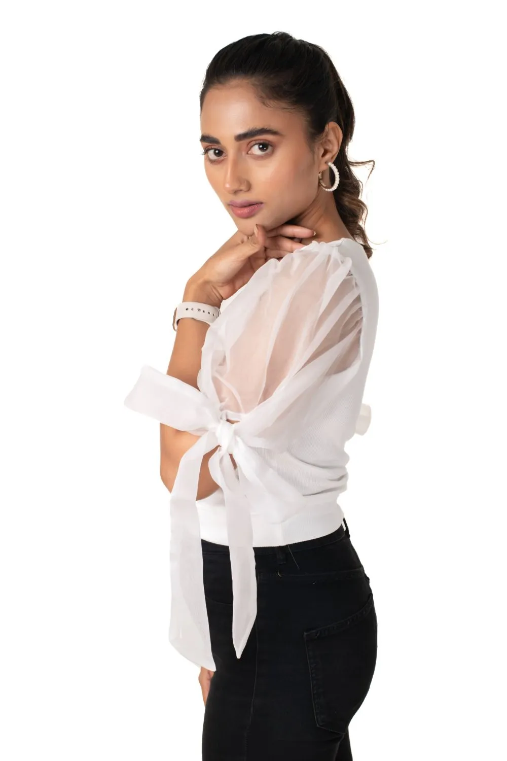 Round neck Blouses with Bow Tied-up Sleeves- Plus Size