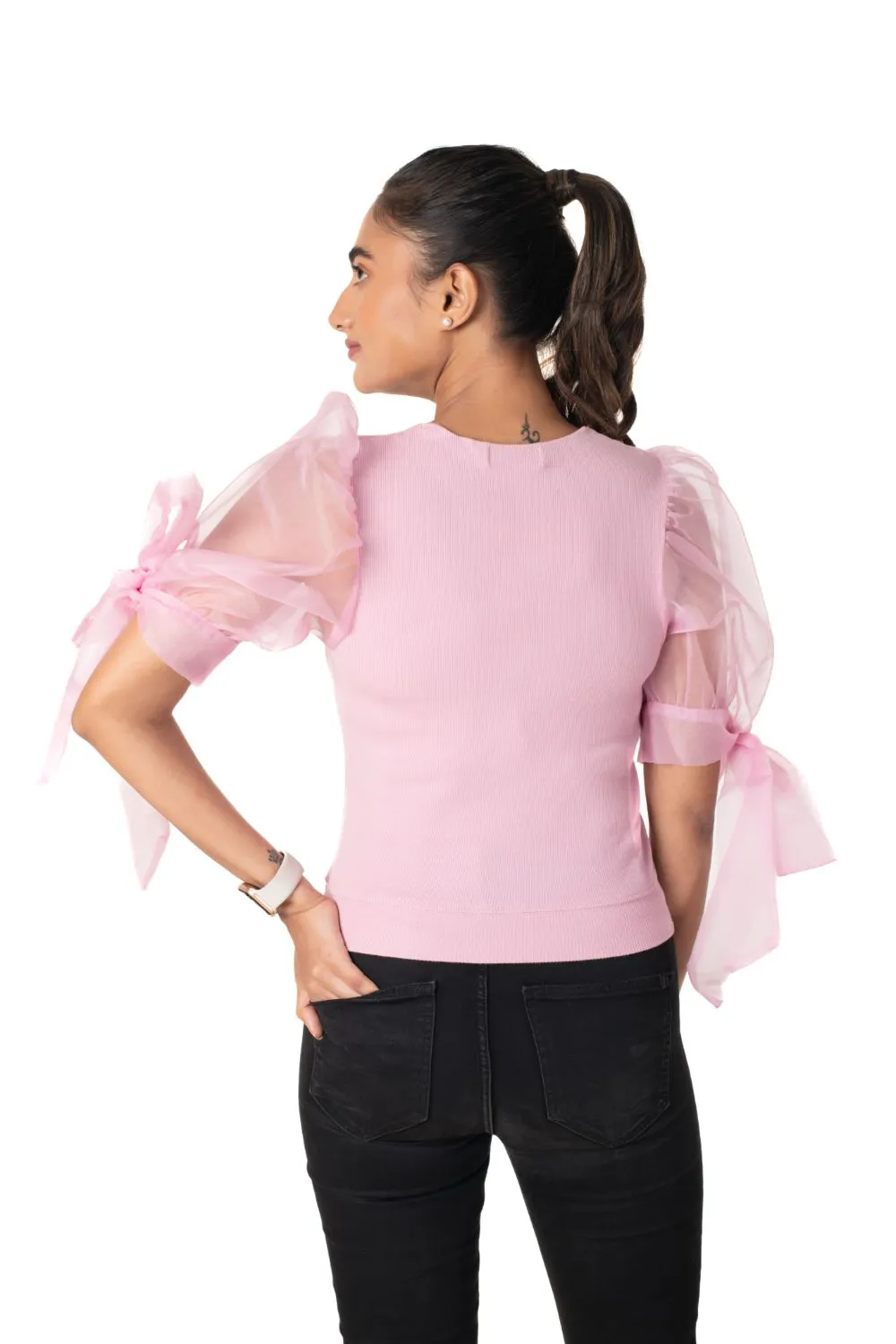 Round neck Blouses with Bow Tied-up Sleeves- Plus Size