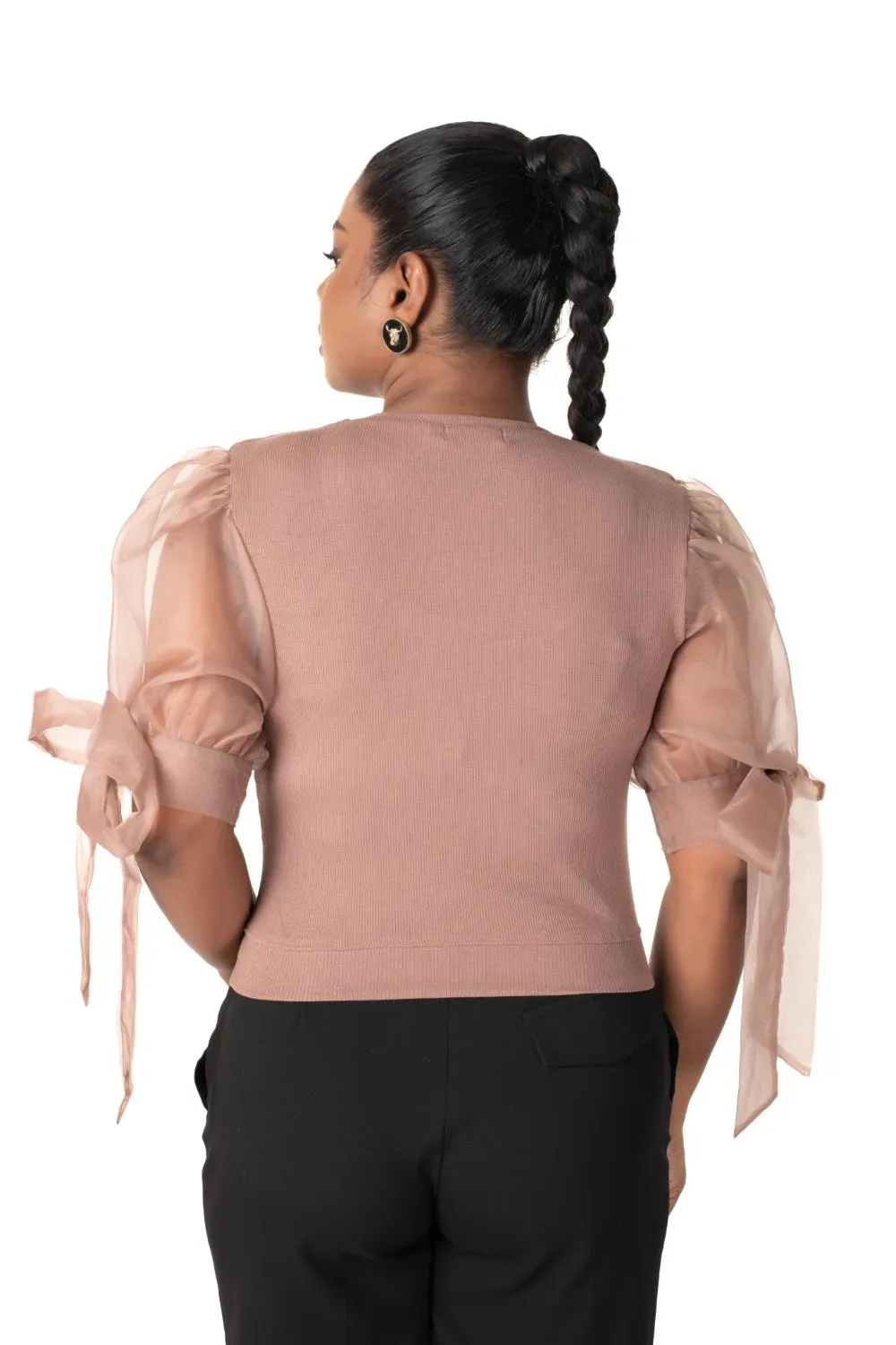 Round neck Blouses with Bow Tied-up Sleeves- Plus Size