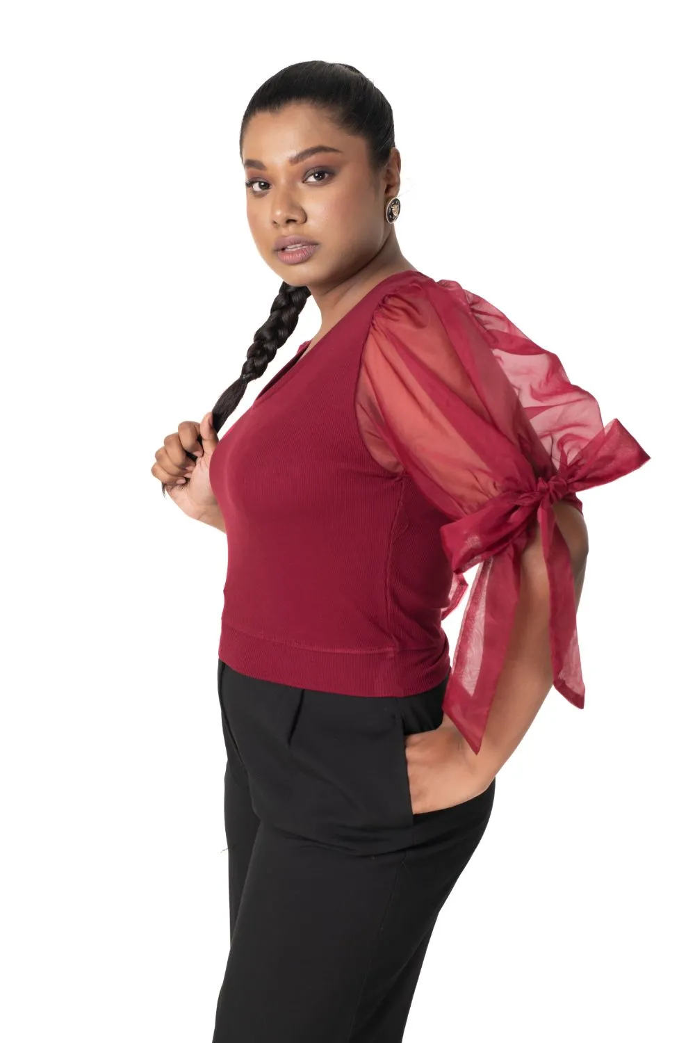 Round neck Blouses with Bow Tied-up Sleeves- Plus Size