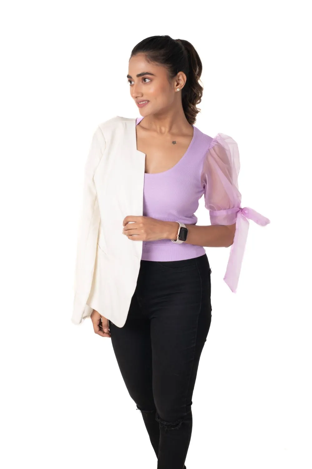 Round neck Blouses with Bow Tied-up Sleeves- Plus Size