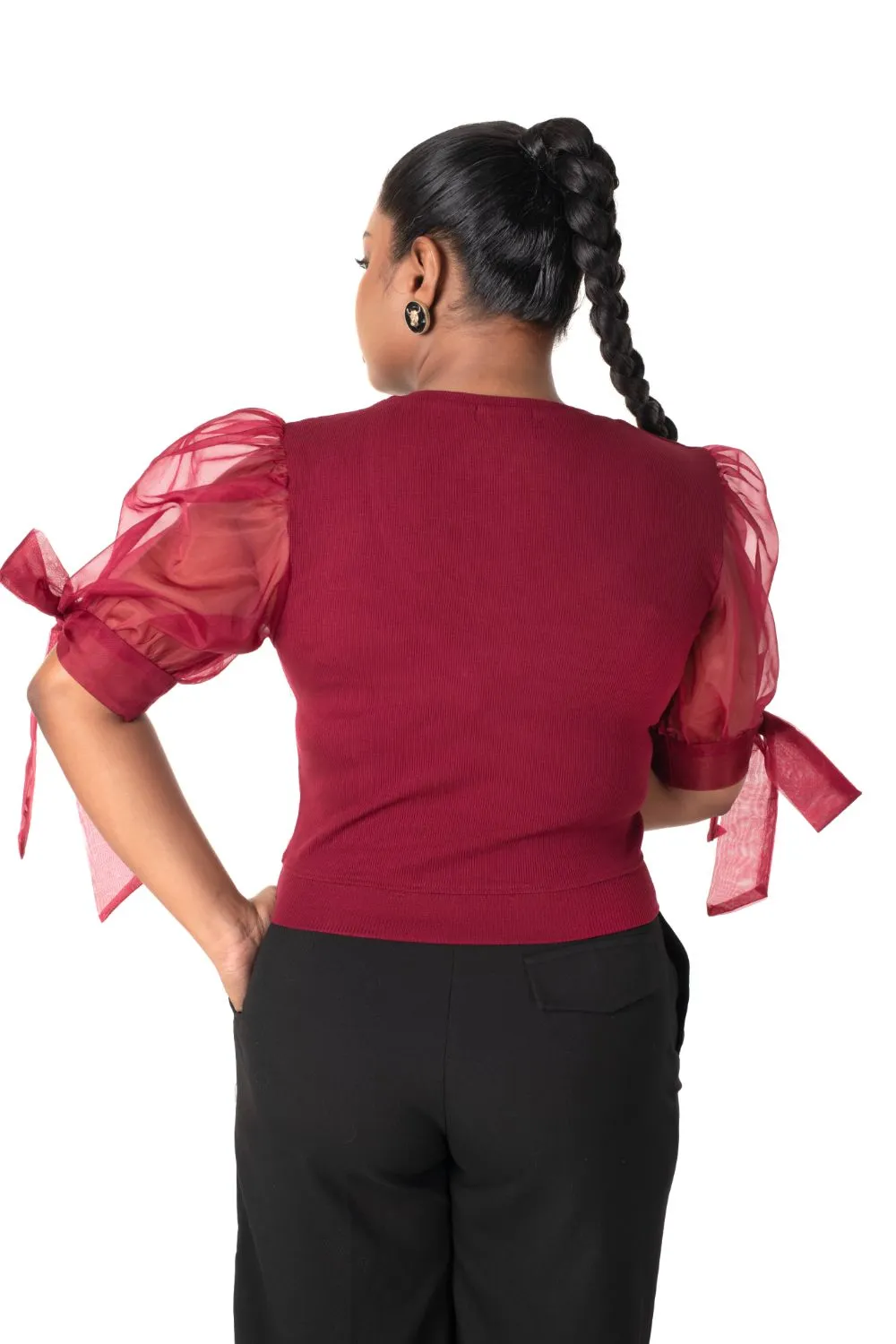 Round neck Blouses with Bow Tied-up Sleeves- Plus Size