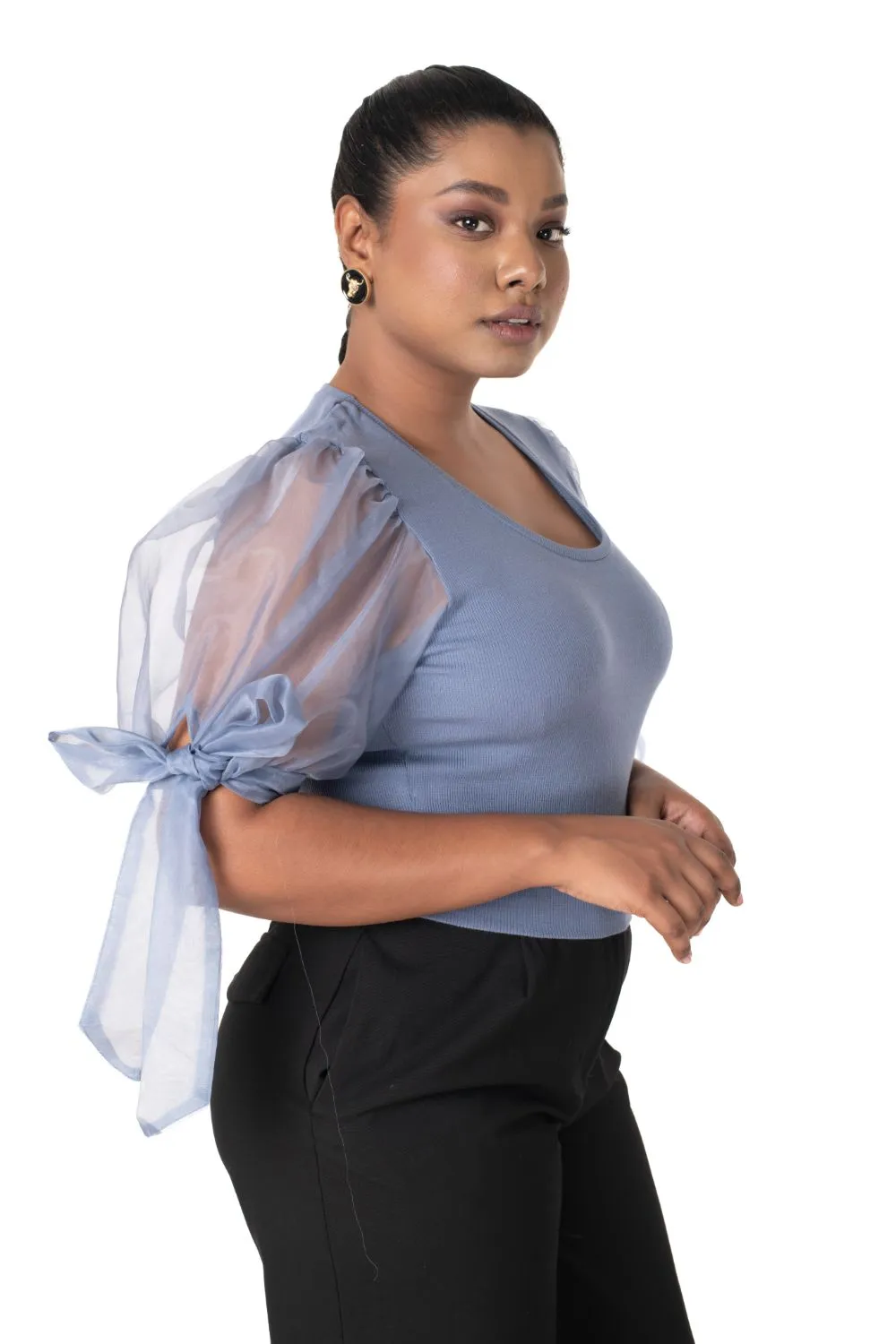 Round neck Blouses with Bow Tied-up Sleeves- Plus Size