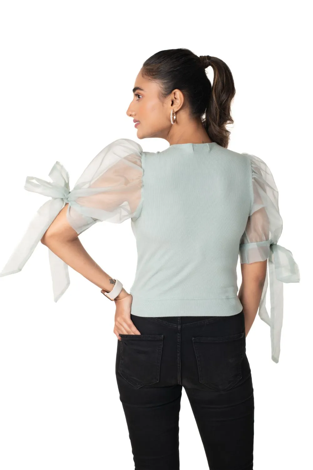 Round neck Blouses with Bow Tied-up Sleeves- Plus Size