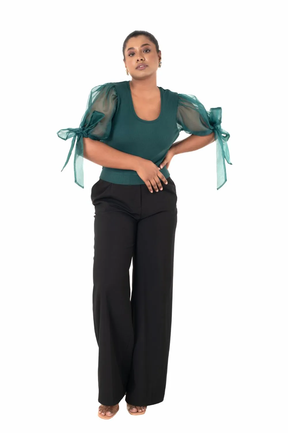 Round neck Blouses with Bow Tied-up Sleeves- Plus Size