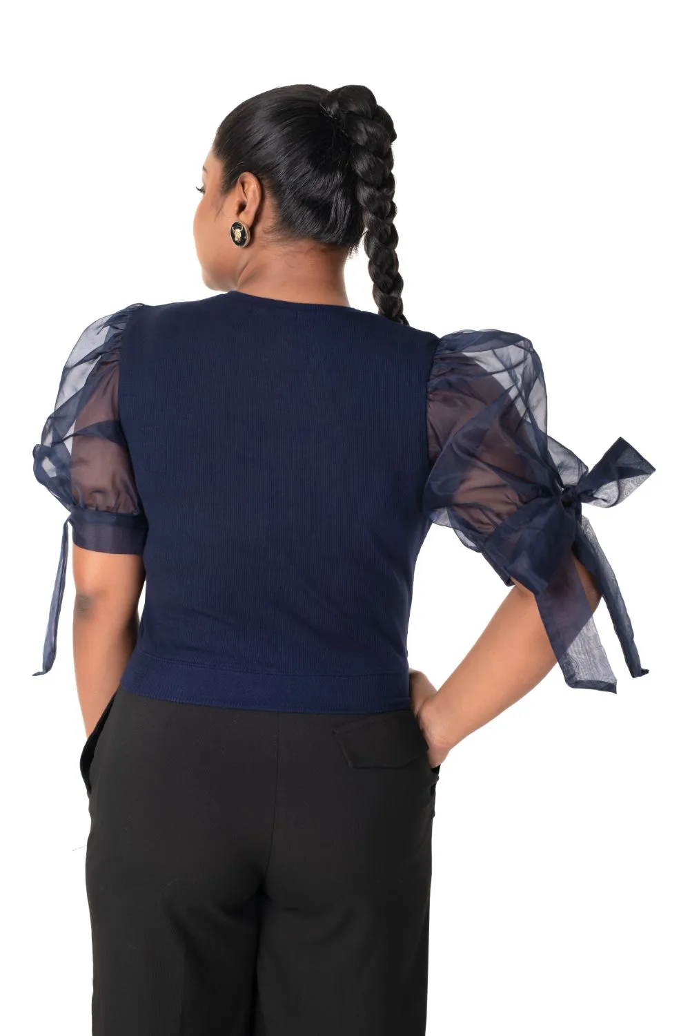 Round neck Blouses with Bow Tied-up Sleeves- Plus Size