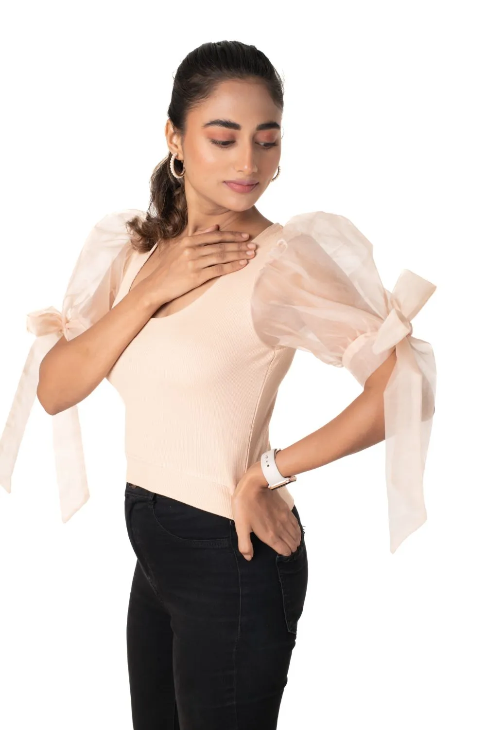 Round neck Blouses with Bow Tied-up Sleeves- Plus Size