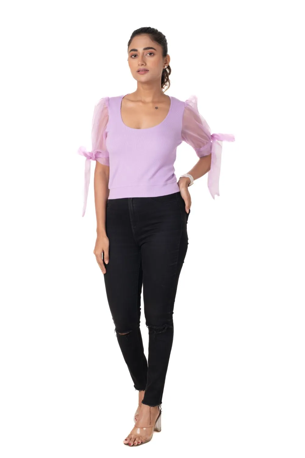 Round neck Blouses with Bow Tied-up Sleeves- Plus Size