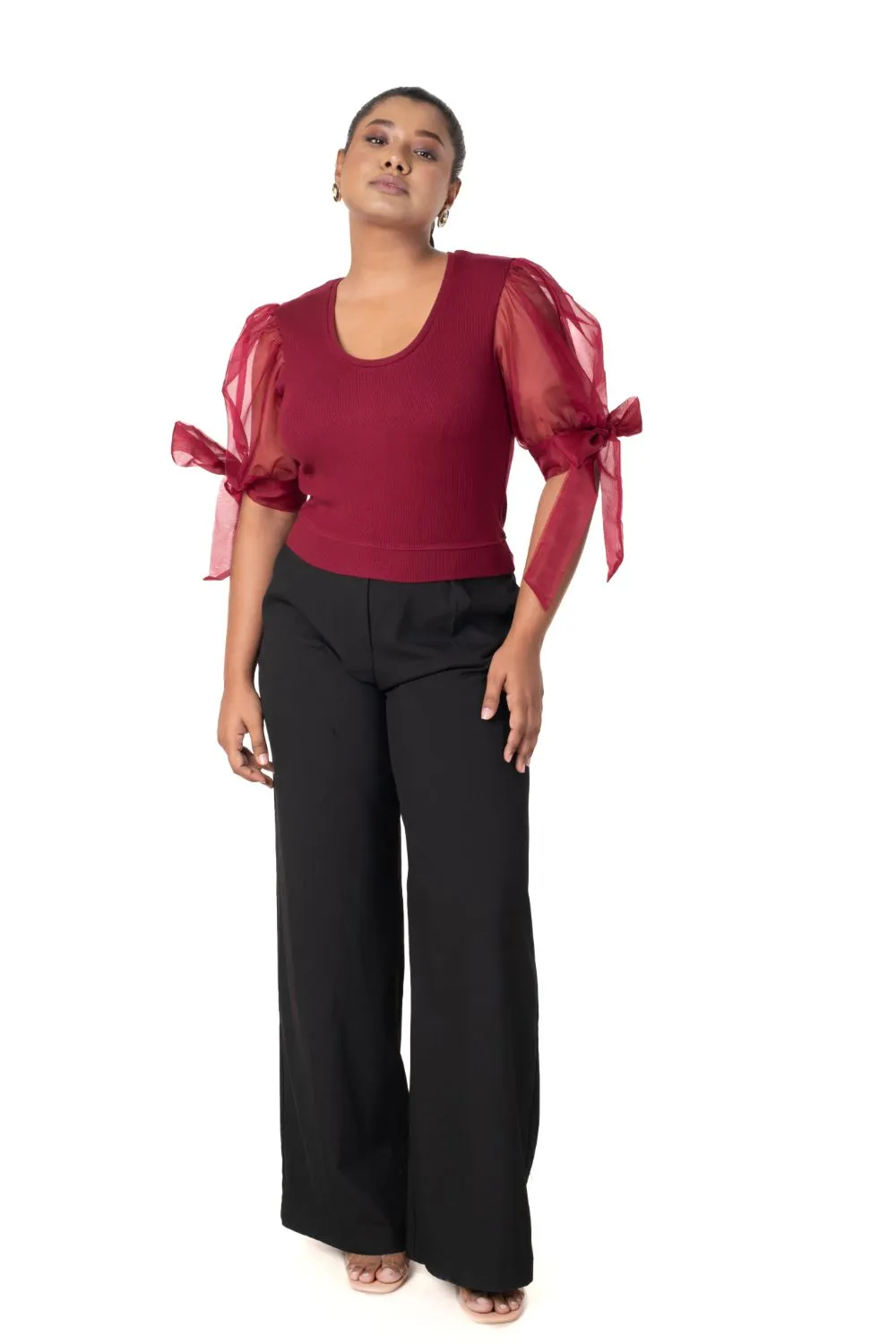 Round neck Blouses with Bow Tied-up Sleeves- Plus Size