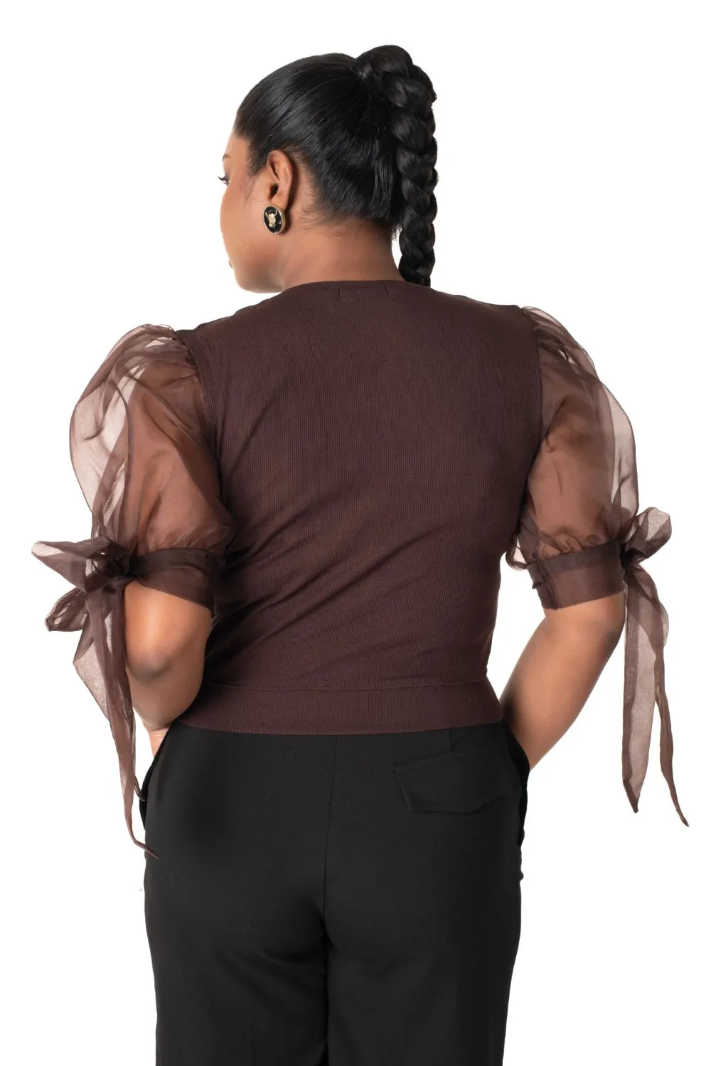 Round neck Blouses with Bow Tied-up Sleeves- Plus Size