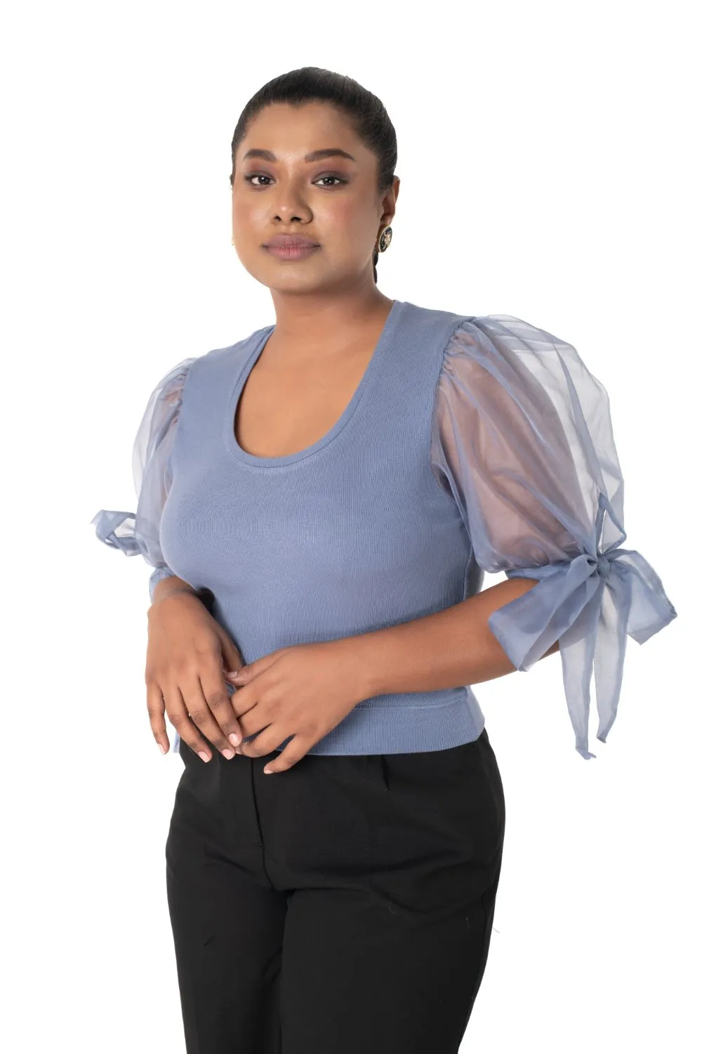 Round neck Blouses with Bow Tied-up Sleeves- Plus Size