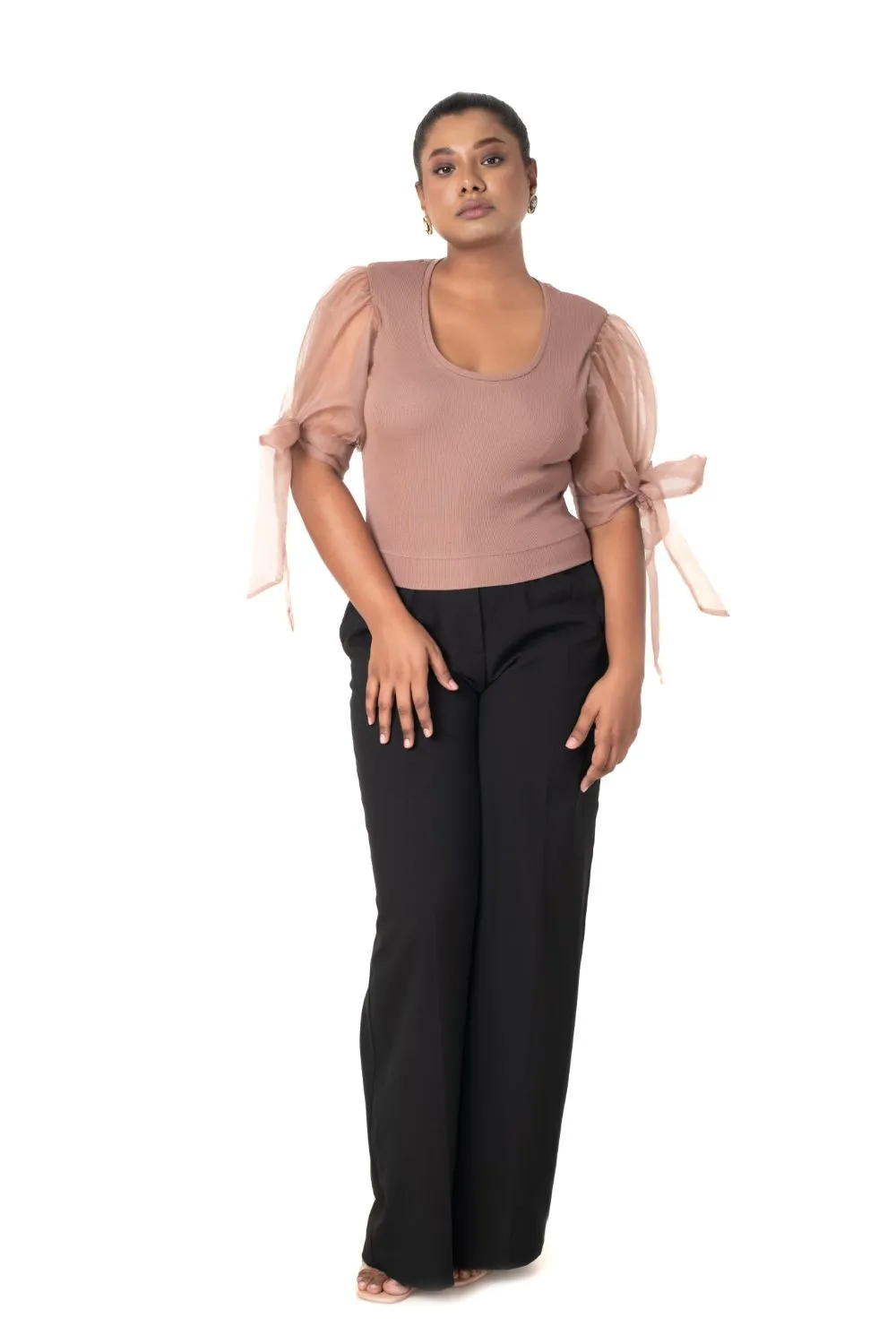 Round neck Blouses with Bow Tied-up Sleeves- Plus Size