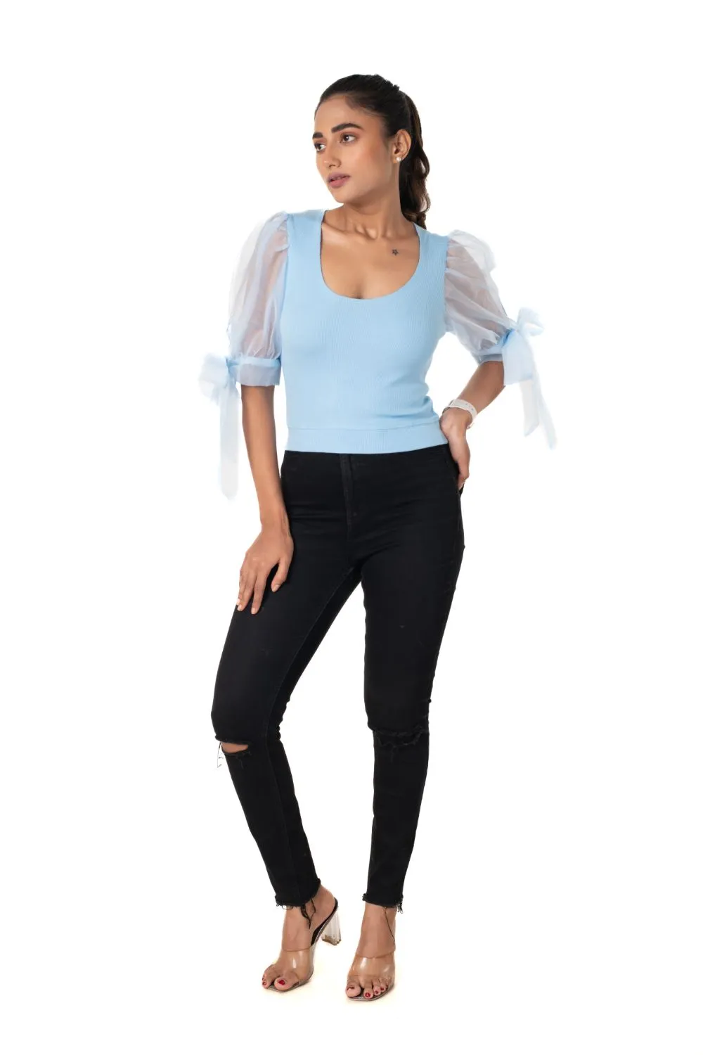 Round neck Blouses with Bow Tied-up Sleeves- Plus Size