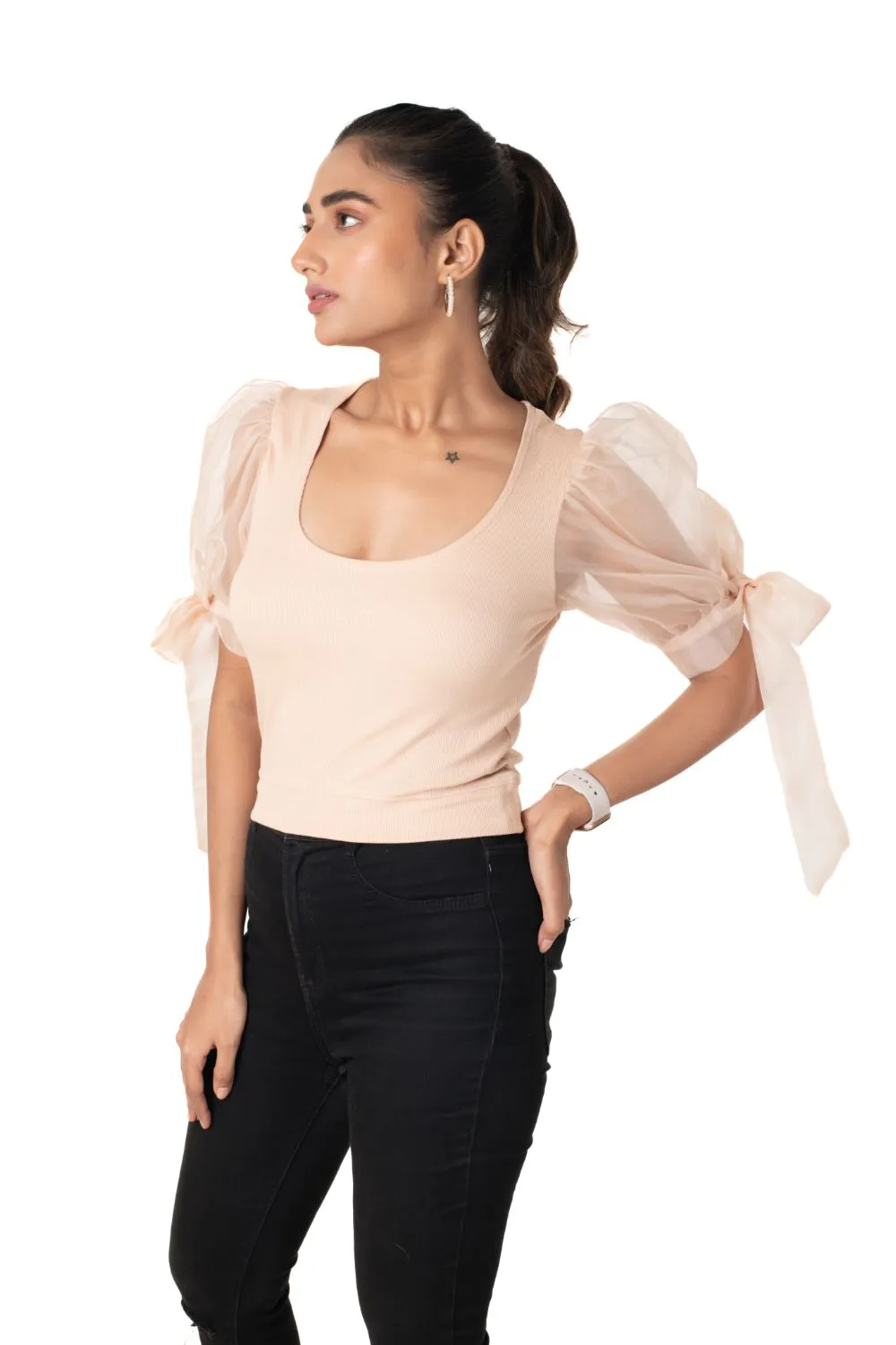 Round neck Blouses with Bow Tied-up Sleeves- Plus Size