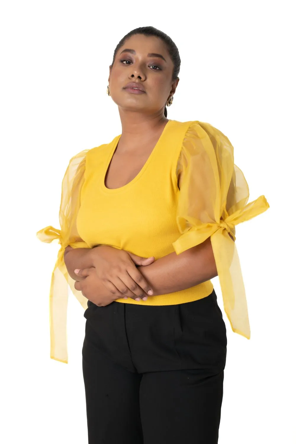 Round neck Blouses with Bow Tied-up Sleeves- Plus Size