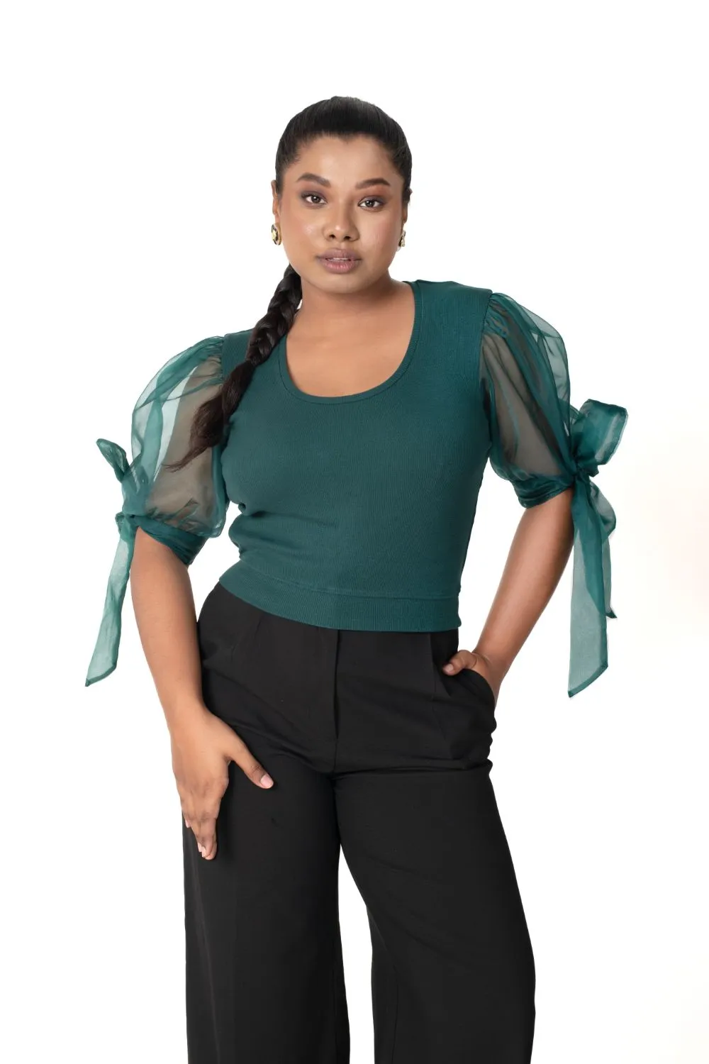 Round neck Blouses with Bow Tied-up Sleeves- Plus Size