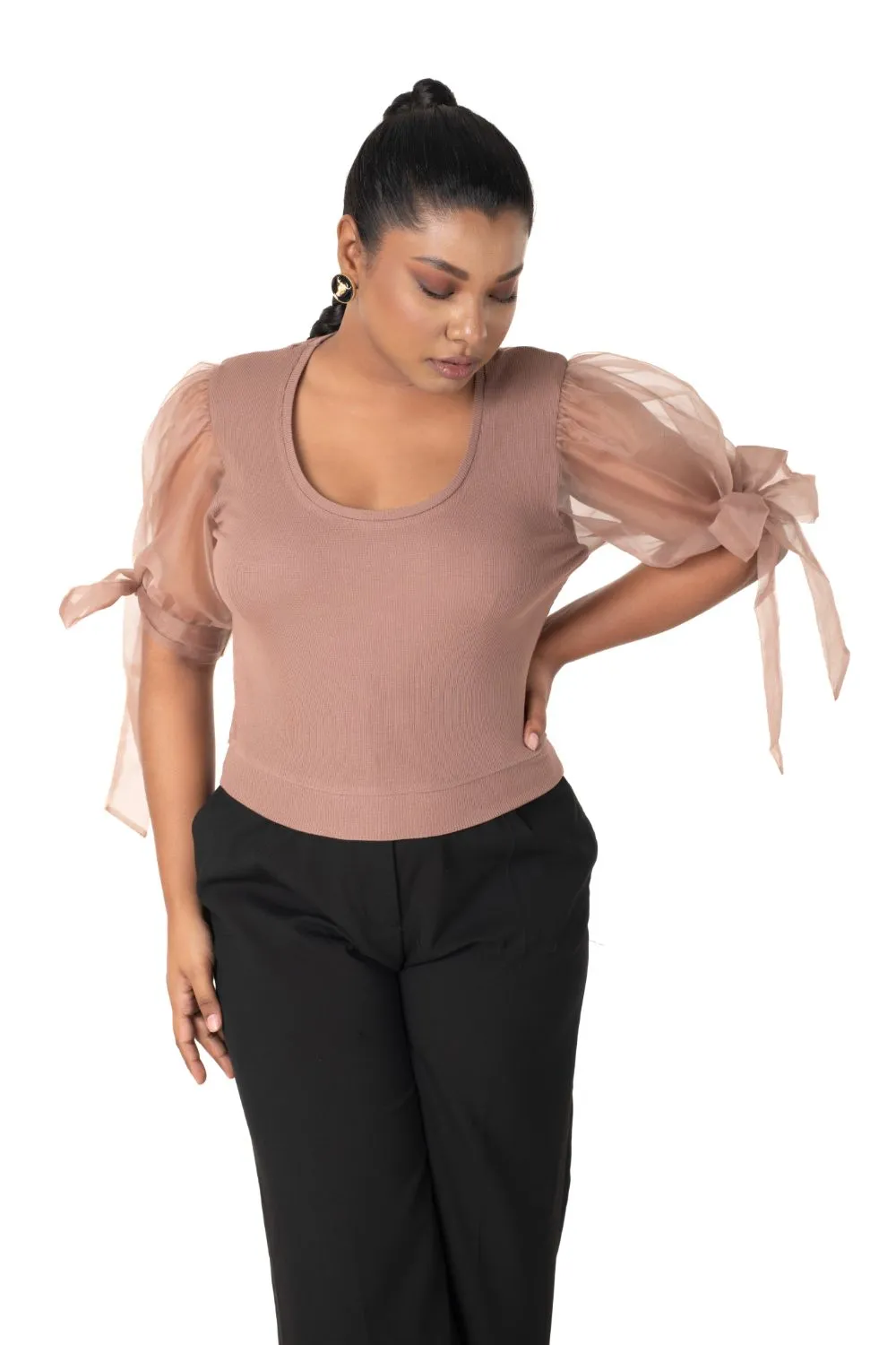 Round neck Blouses with Bow Tied-up Sleeves- Plus Size