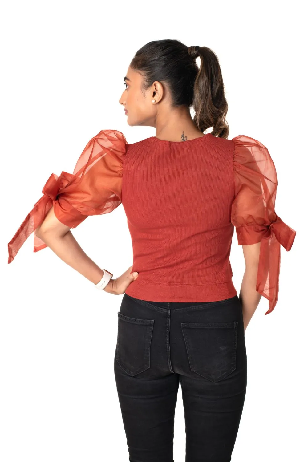 Round neck Blouses with Bow Tied-up Sleeves- Plus Size