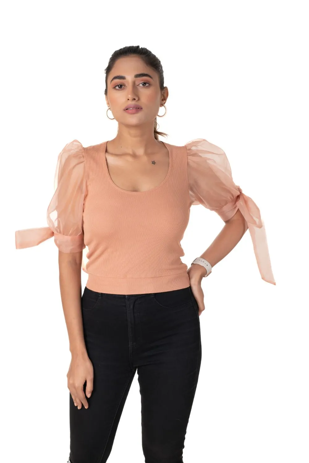 Round neck Blouses with Bow Tied-up Sleeves- Plus Size