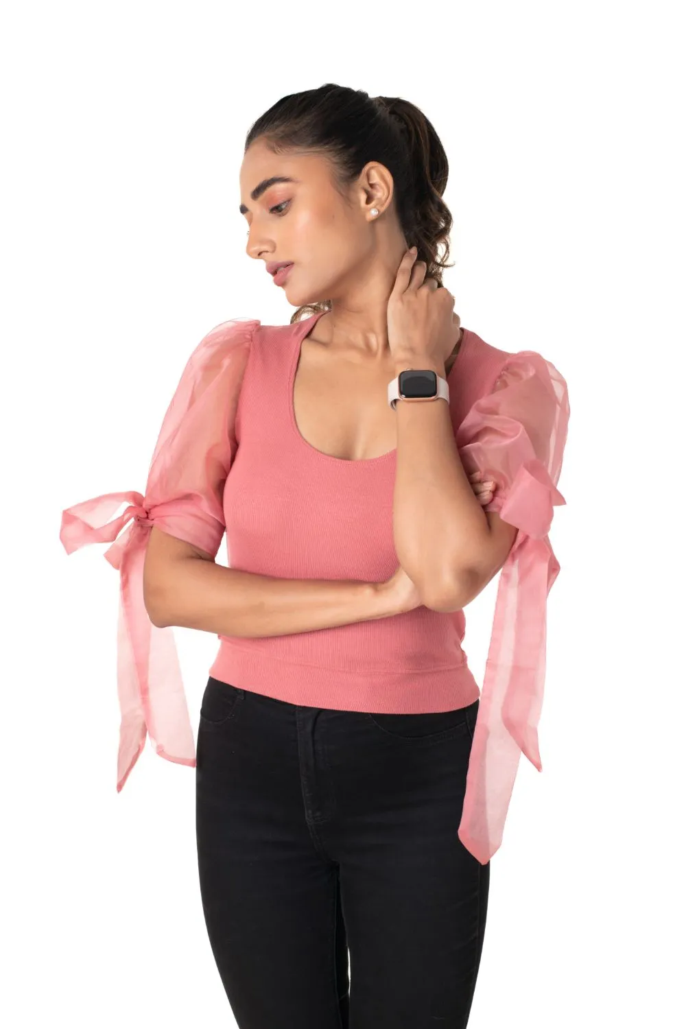 Round neck Blouses with Bow Tied-up Sleeves- Plus Size