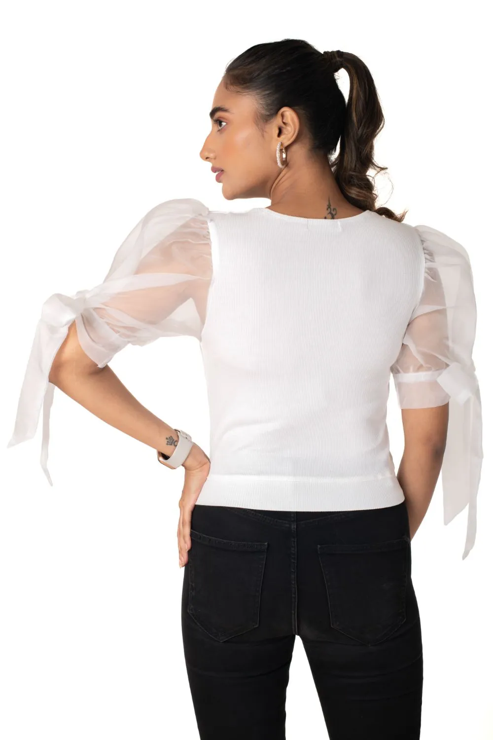 Round neck Blouses with Bow Tied-up Sleeves- Plus Size