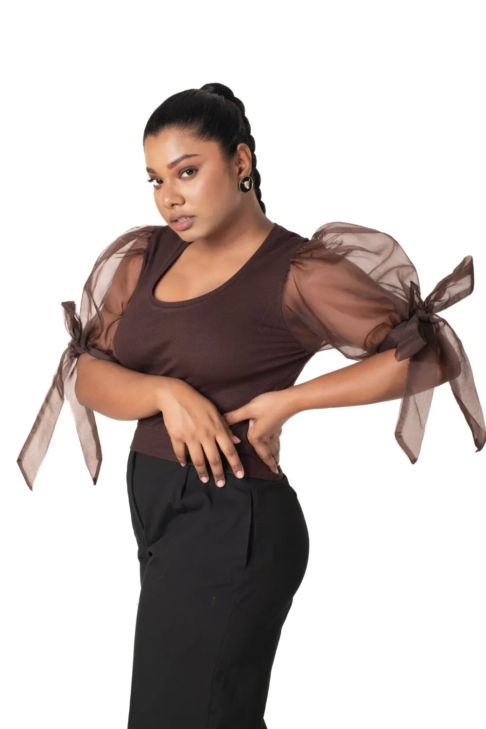 Round neck Blouses with Bow Tied-up Sleeves- Plus Size