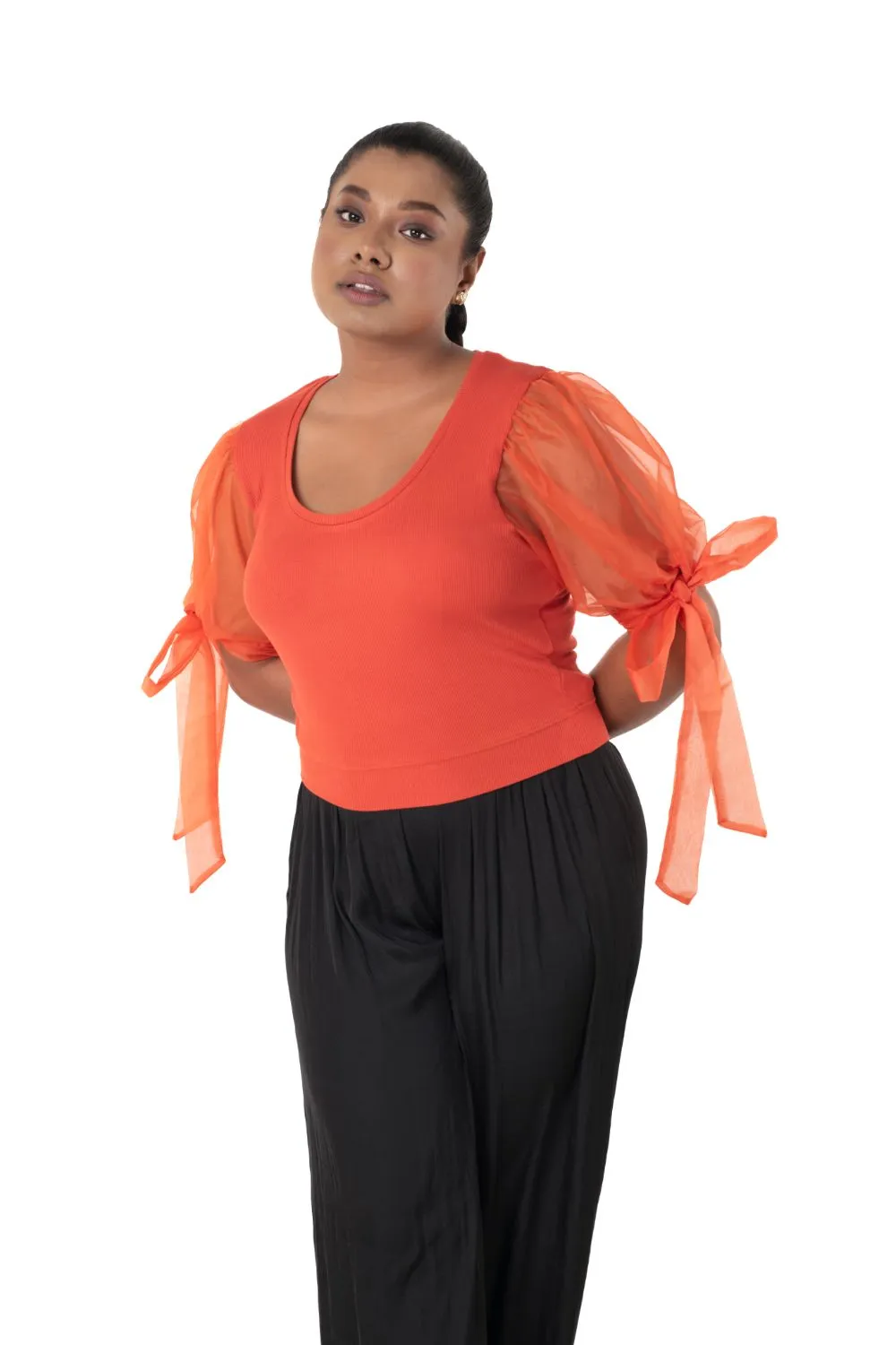 Round neck Blouses with Bow Tied-up Sleeves- Plus Size