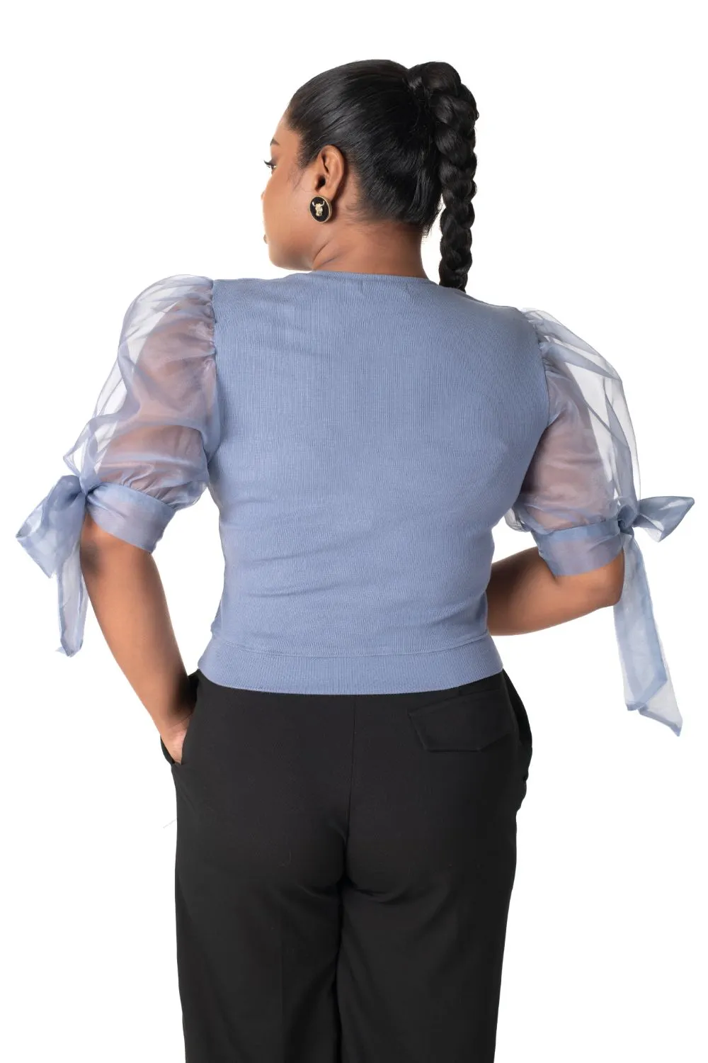 Round neck Blouses with Bow Tied-up Sleeves- Plus Size