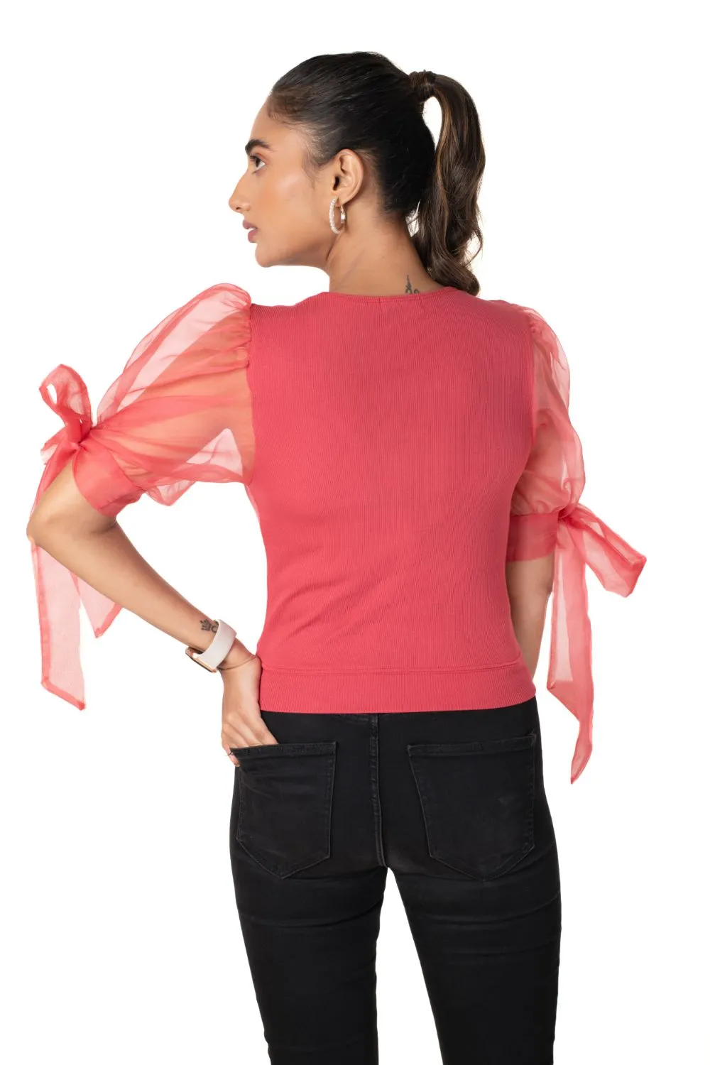 Round neck Blouses with Bow Tied-up Sleeves- Plus Size