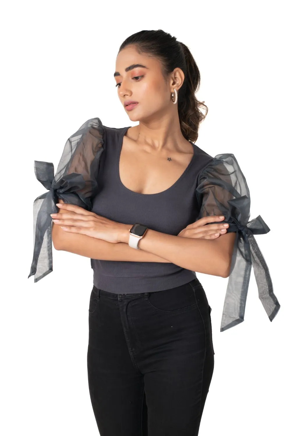 Round neck Blouses with Bow Tied-up Sleeves- Plus Size