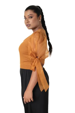 Round neck Blouses with Bow Tied-up Sleeves- Plus Size