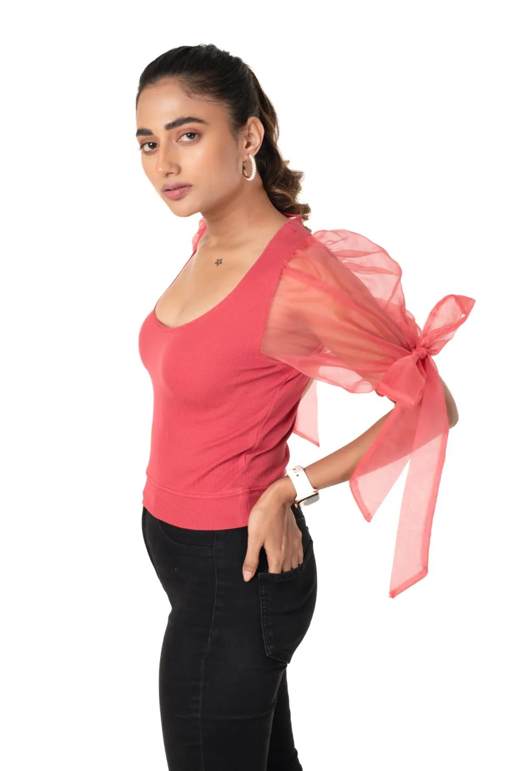 Round neck Blouses with Bow Tied-up Sleeves- Plus Size