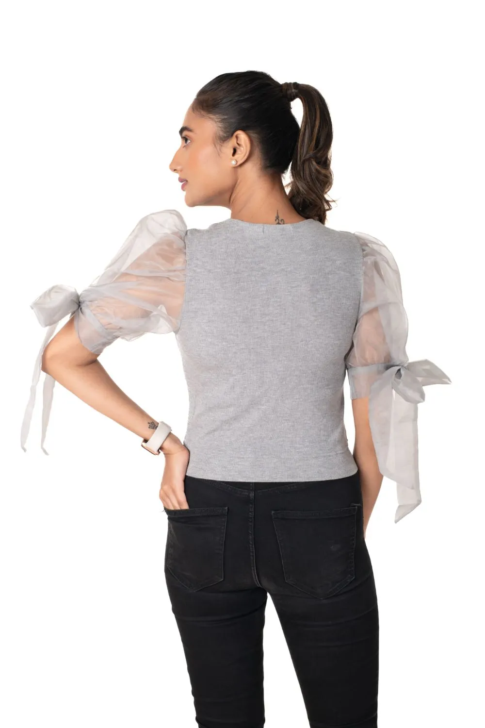 Round neck Blouses with Bow Tied-up Sleeves- Plus Size