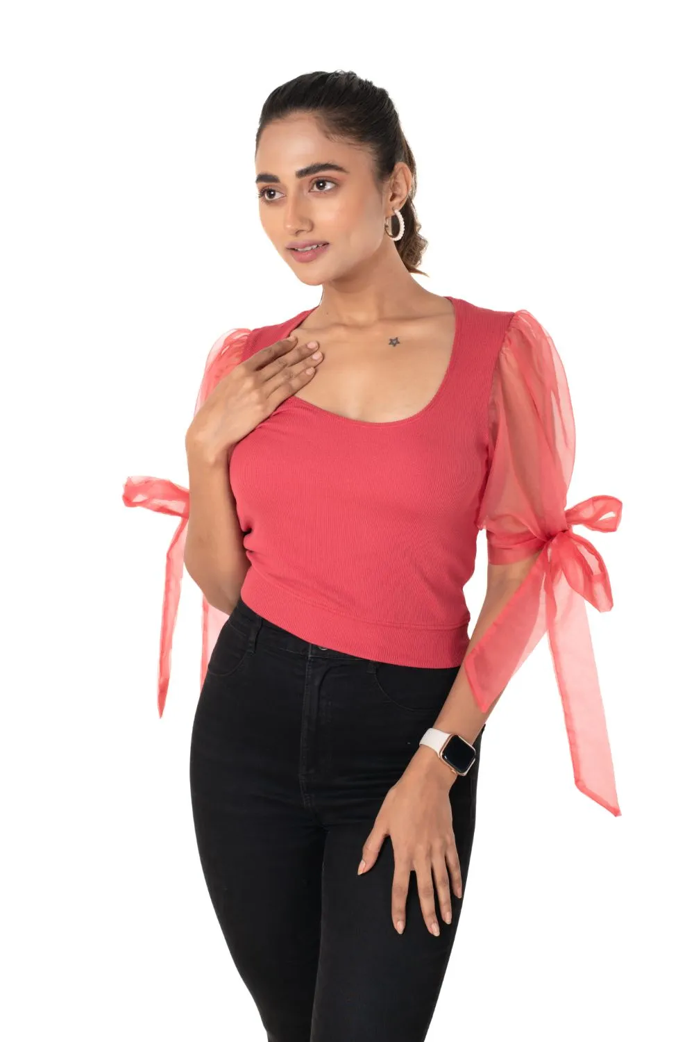 Round neck Blouses with Bow Tied-up Sleeves- Plus Size