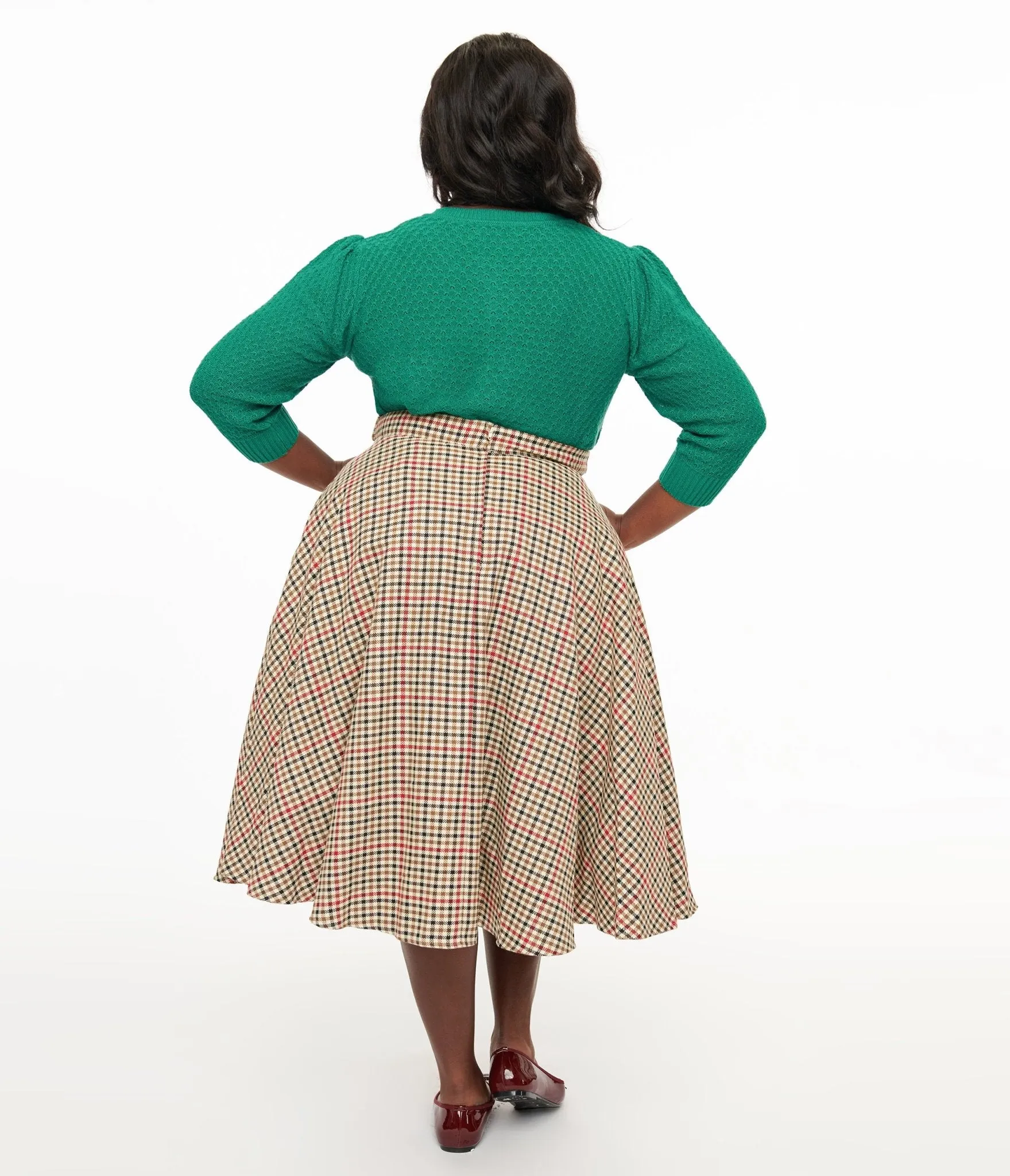 Royal Monk Plus Size 1950s Beige & Black Check Hilda Swing Skirt