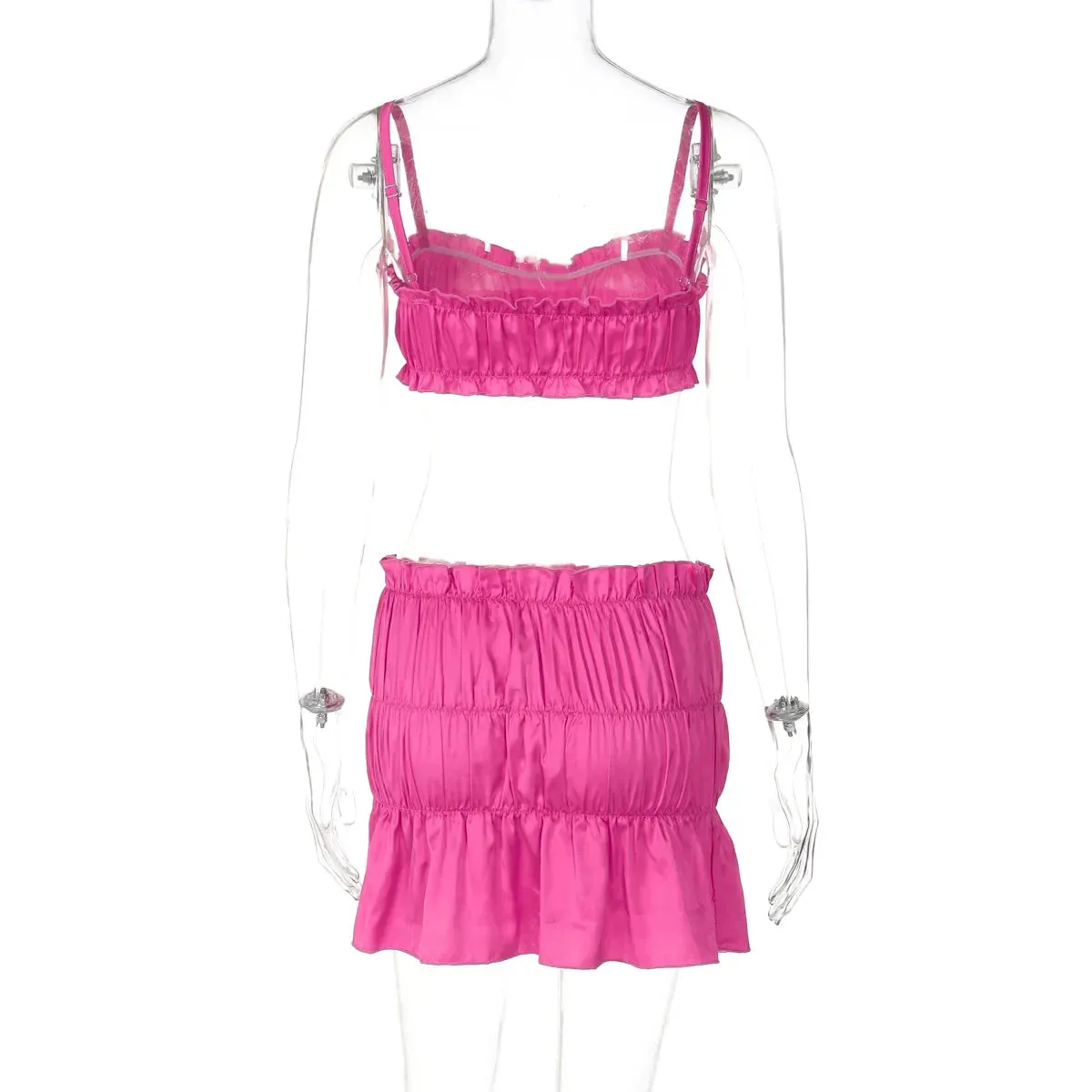 Ruched Satin Bralette Charming And Mini Skirt Set