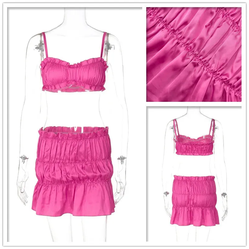 Ruched Satin Bralette Charming And Mini Skirt Set