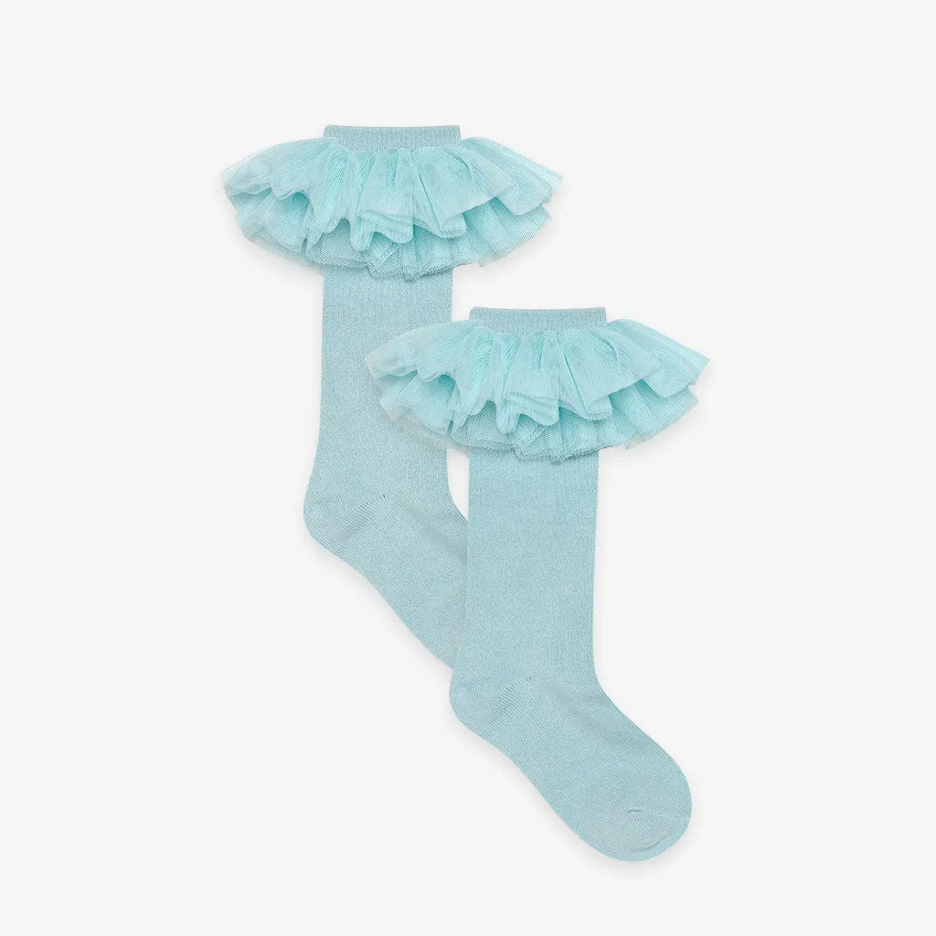 Starry Blue Tulle Ruffle Knee High Socks