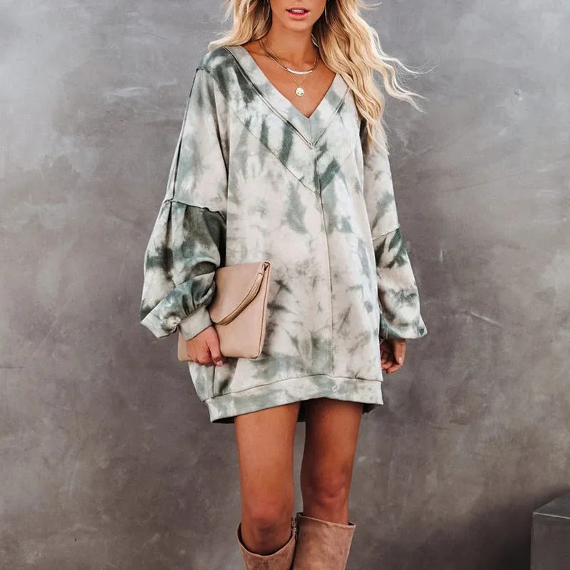 Tie-Dye Print Big V-Neck Loose Casual Sweatshirt Women Clothing Wholesale Vendor