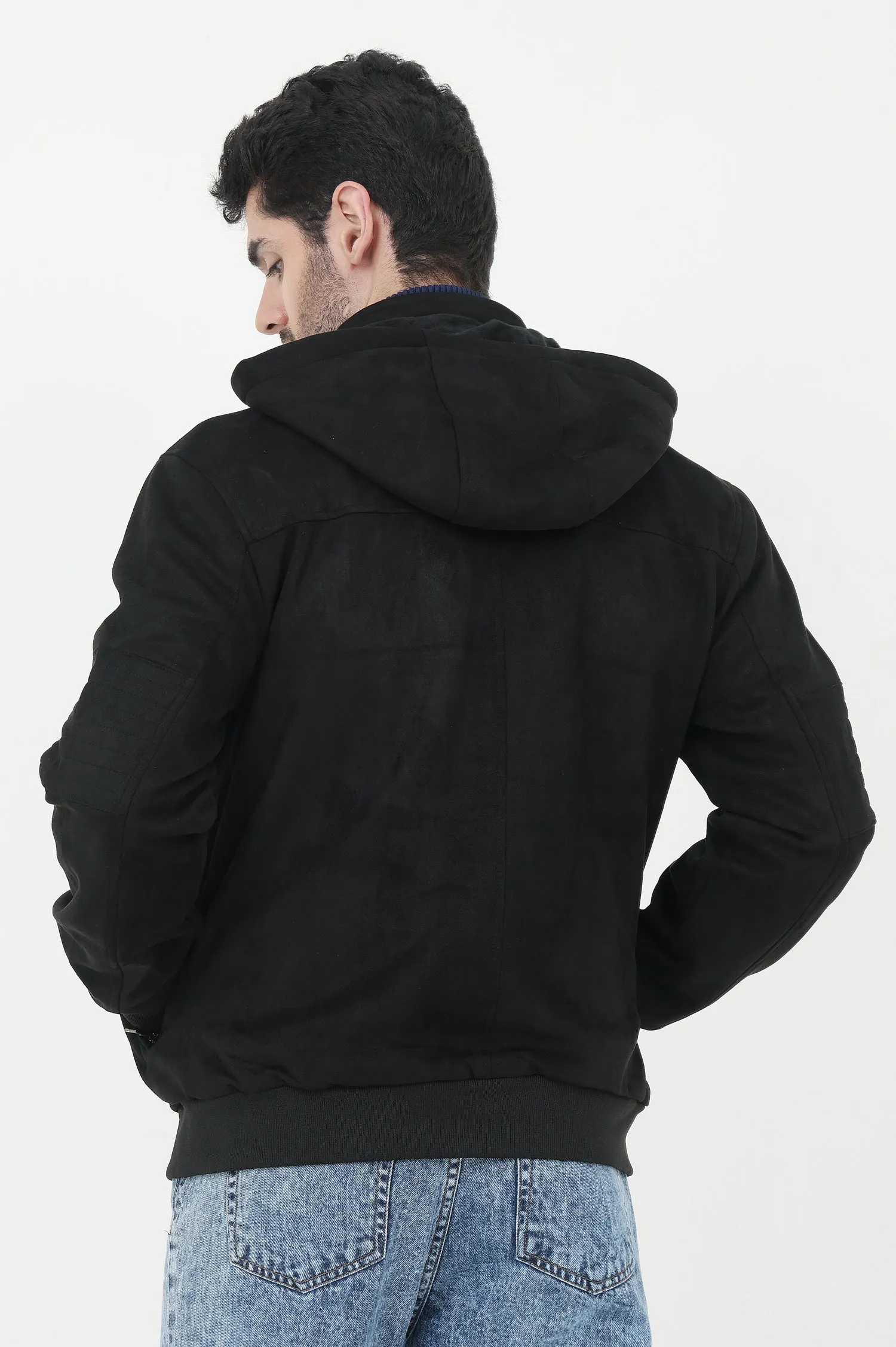 TWO-TONE SUEDE HOODIE-BLACK